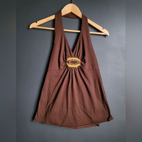 Vintage Brown Halter Top Beaded Statement Embellished Boho Y2k 00s Sz M - Picture 1 of 5